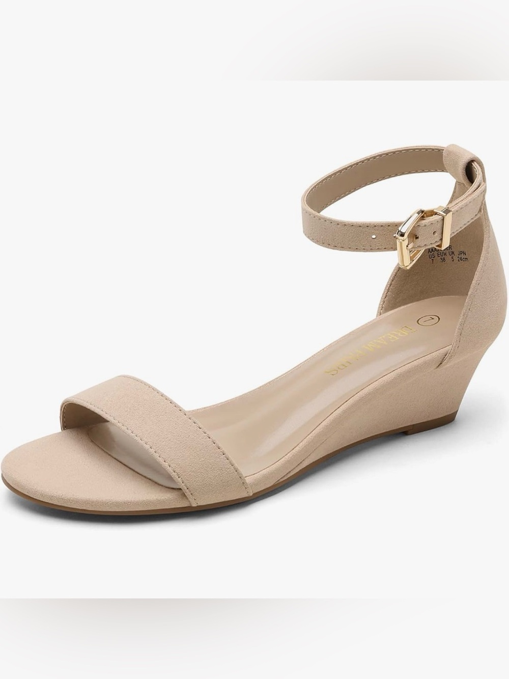 Beige Nude Suede Ankle-Strap Wedge Sandals with Gold Buckle Office party trendy